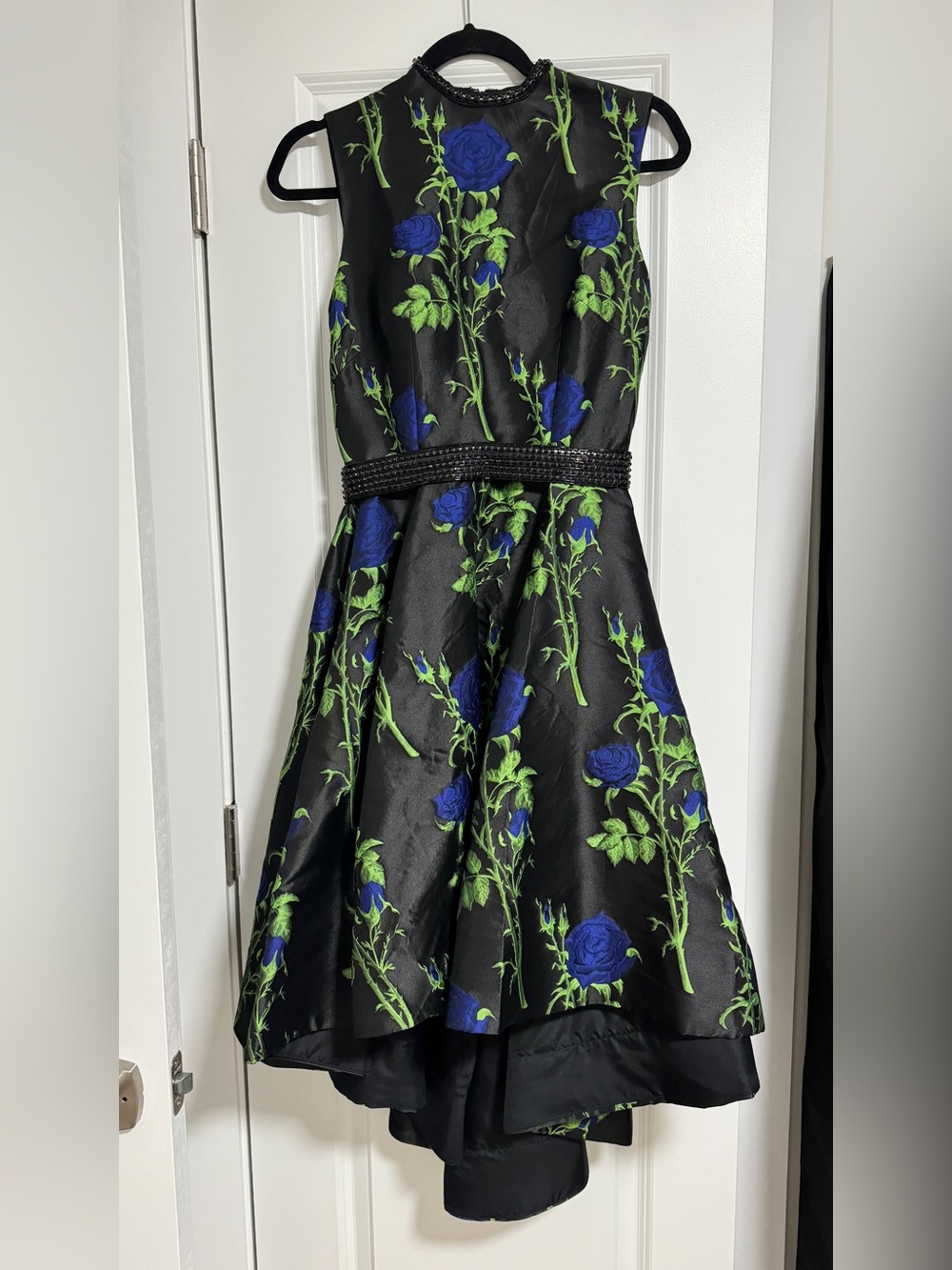 Ieena Mac Duggal Black Dress with Blue Rose Floral Print
